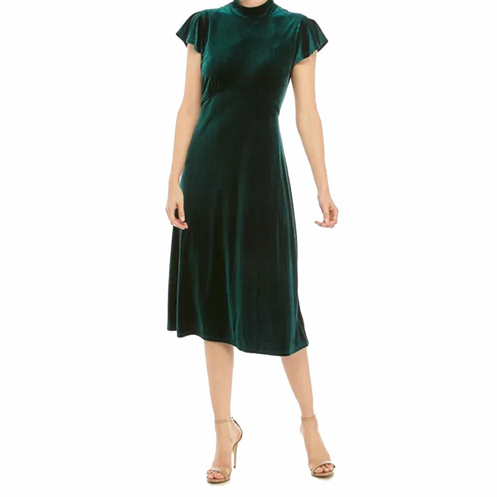 Vince Camuto Size 10 Green Short Flutter Sleeve Velvet A-Line Dress Open Back